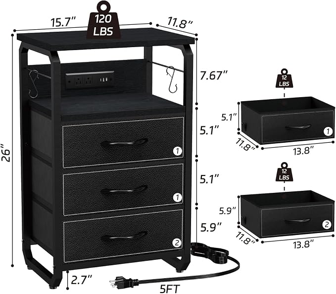 runjuly Bedside Table with 3 Fabric Drawers, LED Nightstand with Hooks, Metal Night Stand, Small End Table with Charging Station and Storage, Night Table for Bedroom, Modern Black