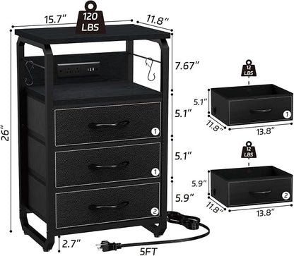 runjuly Bedside Table with 3 Fabric Drawers, LED Nightstand with Hooks, Metal Night Stand, Small End Table with Charging Station and Storage, Night Table for Bedroom, Modern Black
