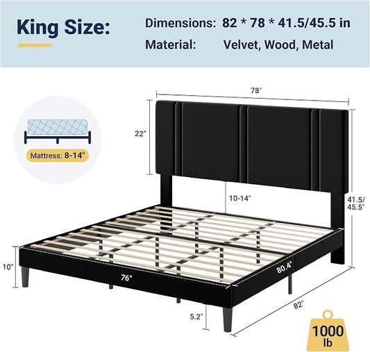 Allewie King Size Platform Bed Frame with Adjustable Headboard, Plush Velvet Upholstered, Vertical Channel Tufted, Sturdy Wooden Slats, No Box Spring Needed, Easy Assembly, Black