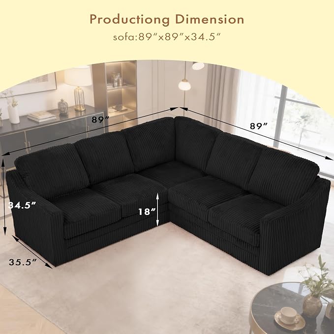 89 Inches Corduroy Sectional Sofa with High Density Sponge, Modern 5 Seats Corner Couch with Deep Seat, Comfy Modular L Shaped Couch with Comfortable Back Cushions for Living Room, Black