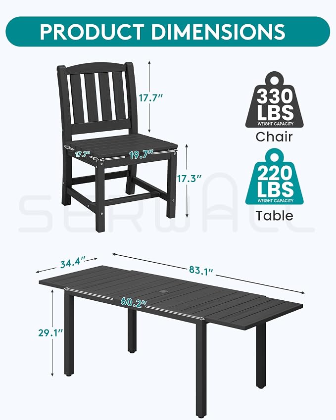 SERWALL 10-Piece Patio Dining Sets with 15FT Patio Umbrella, Black | 60" - 83" Expandable Outdoor Dining Table and 8 HDPE Chairs, All Weather HDPE Outdoor Furniture Set