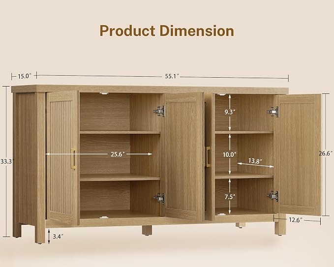 55" Buffet Cabinet with Storage, Large Sideboard Buffet Cabinet with 4 Adjustable Shelves, Modern Fluted Coffee Bar for Kitchen, Living Room, Natural