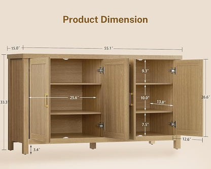 55" Buffet Cabinet with Storage, Large Sideboard Buffet Cabinet with 4 Adjustable Shelves, Modern Fluted Coffee Bar for Kitchen, Living Room, Natural