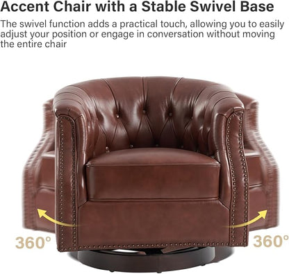 HULALA HOME Genuine Leather Swivel Accent Chair, Swivel Rocker Barrel Chair, Traditional Chesterfield Armchair with Button-Tufted Design, No Assembly Required, Brown