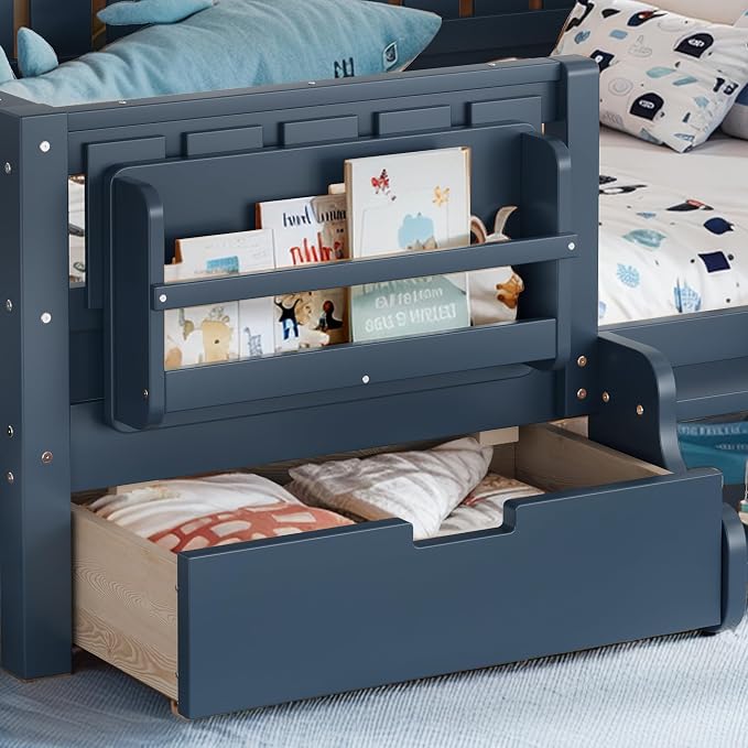 Bellemave Full Kids Montessori Bed with Stairs, Bookshelf and Drawers, Solid Wood Kids Bed Frame with Storage for Boys Girls, Low Profile,Blue
