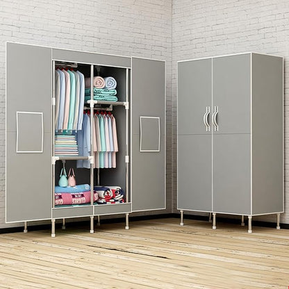 Portable Closet Clothes Organizer 34in Simple Non-Woven Fabric Wardrobe Closet Multi-Functional Clothes Storage Cabinet with Cover and Clothes Hanging Rod-Gray