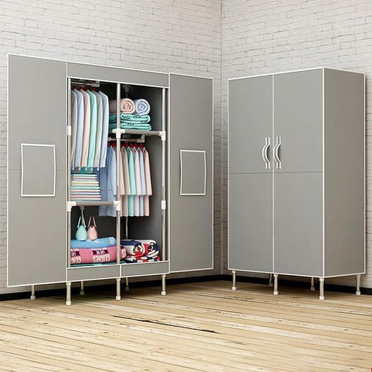 Portable Closet Clothes Organizer 34in Simple Non-Woven Fabric Wardrobe Closet Multi-Functional Clothes Storage Cabinet with Cover and Clothes Hanging Rod-Gray