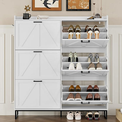 BORNOON Shoe Cabinet with 6 Flip Drawers Narrow Shoe Storage Cabinet Organizer Wooden Freestanding Shoe Rack Hidden Slim Shoes Storage Cabinet for Entryway, Hallway, Living Room, Bedroom