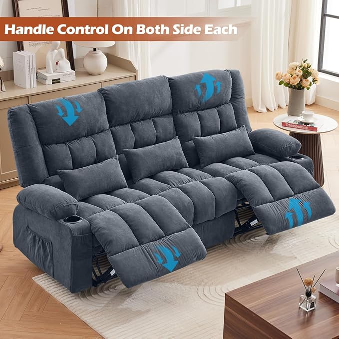 MAHOMICO Recliner Sofa with Cup Holders for Living Room 3 Seat Manual Oversized Recliner Chiar with Ergonomic, Side Pocket for Adult