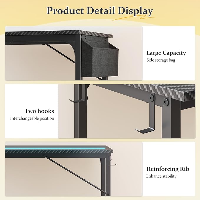 DurayLoly 63" Gaming Desk with LED Lights,Computer Desk with Storage Bag for Home Office, Long Desk with Headphone Hook for Study Writing Work Wood Desk,Sturdy Metal Frame,Bedroom,Black