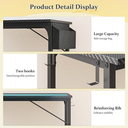 DurayLoly 63" Gaming Desk with LED Lights,Computer Desk with Storage Bag for Home Office, Long Desk with Headphone Hook for Study Writing Work Wood Desk,Sturdy Metal Frame,Bedroom,Black