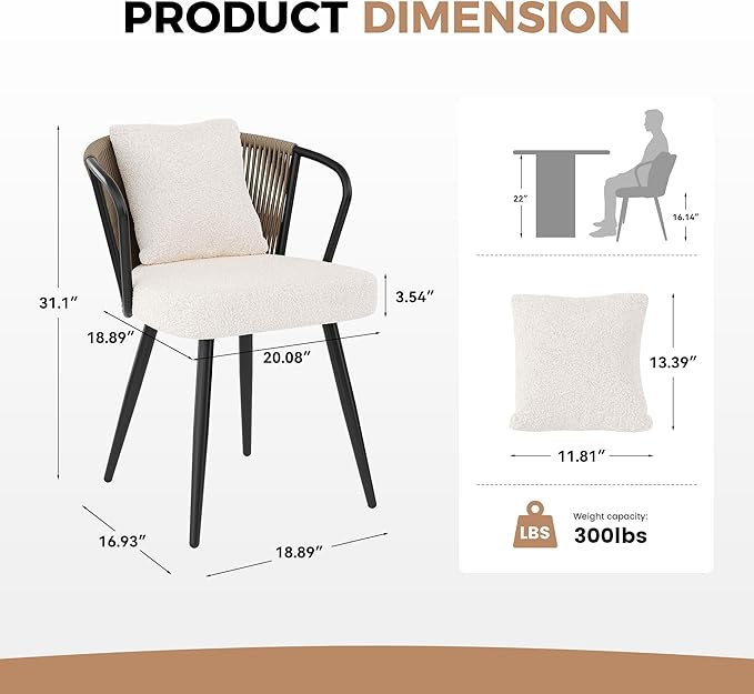 Modern Rattan Dining Chairs Set of 2, Upholstered Kitchen Chair with Metal Legs, Ergonomic Curved Backrest, Rope Weaving Living Room Chairs with Throw Pillow for Kitchen, Brown