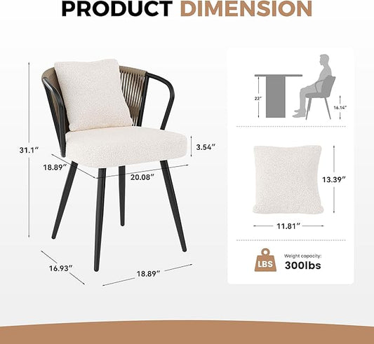 Modern Rattan Dining Chairs Set of 2, Upholstered Kitchen Chair with Metal Legs, Ergonomic Curved Backrest, Rope Weaving Living Room Chairs with Throw Pillow for Kitchen, Brown