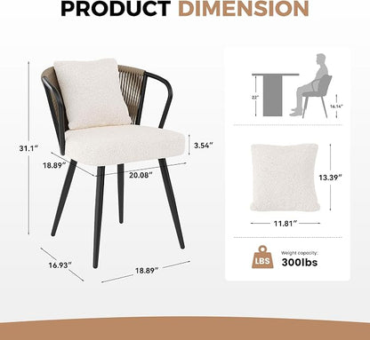 Rope Weaving Dining Chairs Set of 4, Modern Rattan Upholstered Kitchen Chair with Metal Legs, Ergonomic Curved Backrest, Living Room Chairs with Throw Pillow for Kitchen, Brown