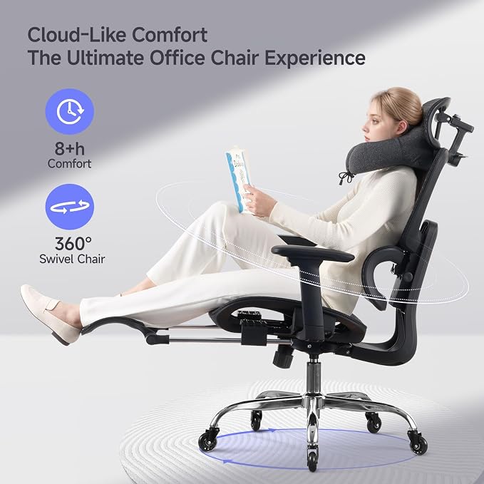 Office Chair with Footrest, Ergonomic Chair with Neck Pillow & Rubber Wheels, Computer Chair with Adjustable Backrest & 3D Armrests Headrest, Gaming Chair Adaptive Lumbar Support, Black