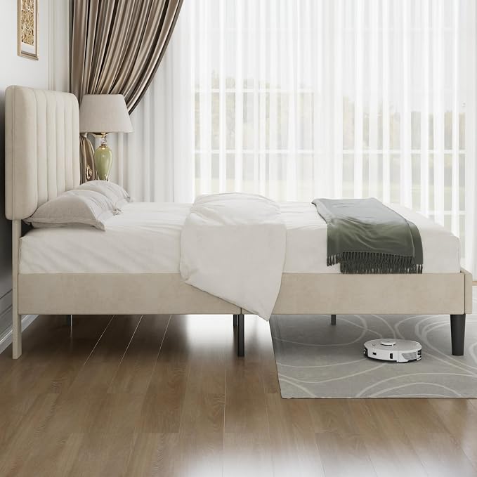 VECELO Queen Size Bed Frame with Upholstered Headboard, Heavy-Duty Bedframe with Strong Wooden Slats Support, No Boxing Spring Needed, Pale Beige
