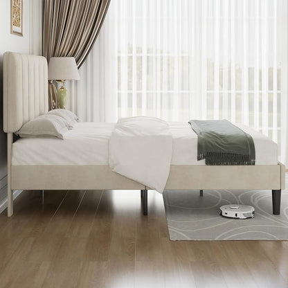 VECELO Queen Size Bed Frame with Upholstered Headboard, Heavy-Duty Bedframe with Strong Wooden Slats Support, No Boxing Spring Needed, Pale Beige