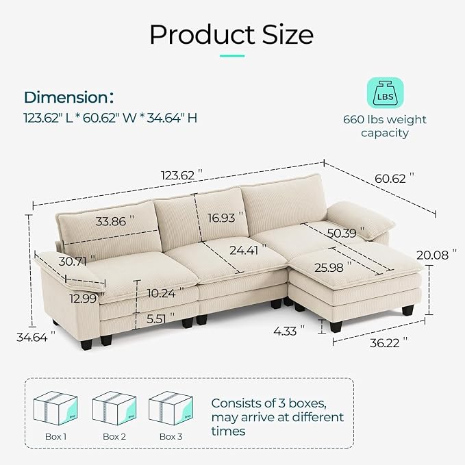 LINSY HOME 123'' Modular Sectional Sofa 3 Seat Couch Corduroy Cloud Couch with Deep Seat, Modern L-Shaped Cloud Couch with 1 Movable Ottoman for Living Room, Office, Bedroom, Beige