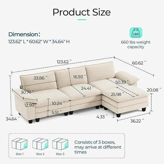 LINSY HOME 123'' Modular Sectional Sofa 3 Seat Couch Corduroy Cloud Couch with Deep Seat, Modern L-Shaped Cloud Couch with 1 Movable Ottoman for Living Room, Office, Bedroom, Beige