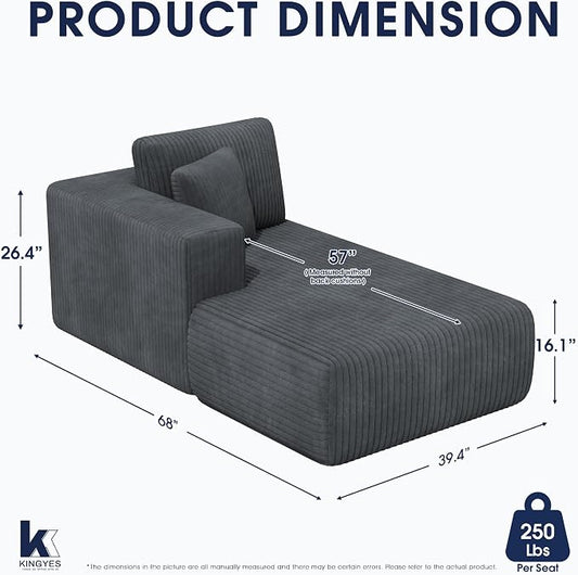 KINGYES Boneless Chaise Lounge Chair for Modular Sectional Sofa, L Shape Corduroy Upholstered Chaise Lounge for Living Room, Gray