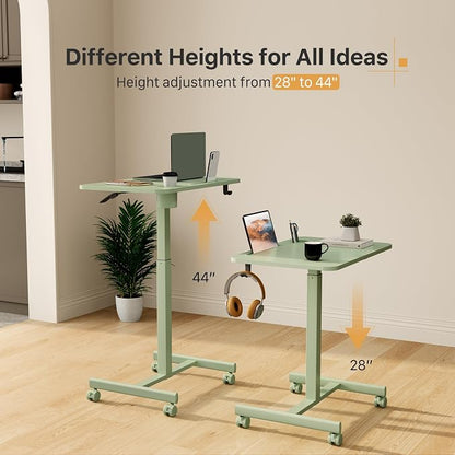 Mobile Standing Desk, 28 inch Rolling Laptop Cart Adjustable Height with Cup Holder, Portable Table with 4 Lockable Wheels, Green Computer Workstation with Hook and Slots for Home Office