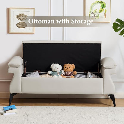 Furniliving 51” Storage Bench, Upholstered End of Bed Bench with Armrest Cushion Large Storage Ottoman/Bedroom Bench/Ottomans, Window Bench with Metal Legs, for Living Room, Entryway, Grey