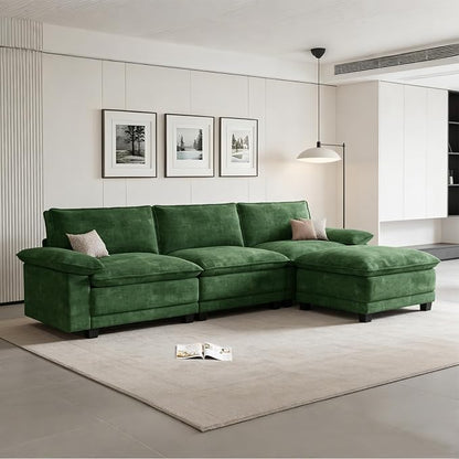 Modern L Shaped Sofa Couches for Living Room, Modular Sectional Cloud Couch with Movable Ottoman, Comfy Chenille Sofa for Apartment and Small Space, Green