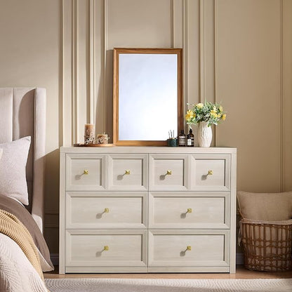 6 Drawers Dresser for Bedroom-46.5" Wide Wooden Chest of Drawers with Large Storage, Long Dresser TV Stand with Drawers, Farmhouse Closet Dressers for Living Room Bedroom, Grey White