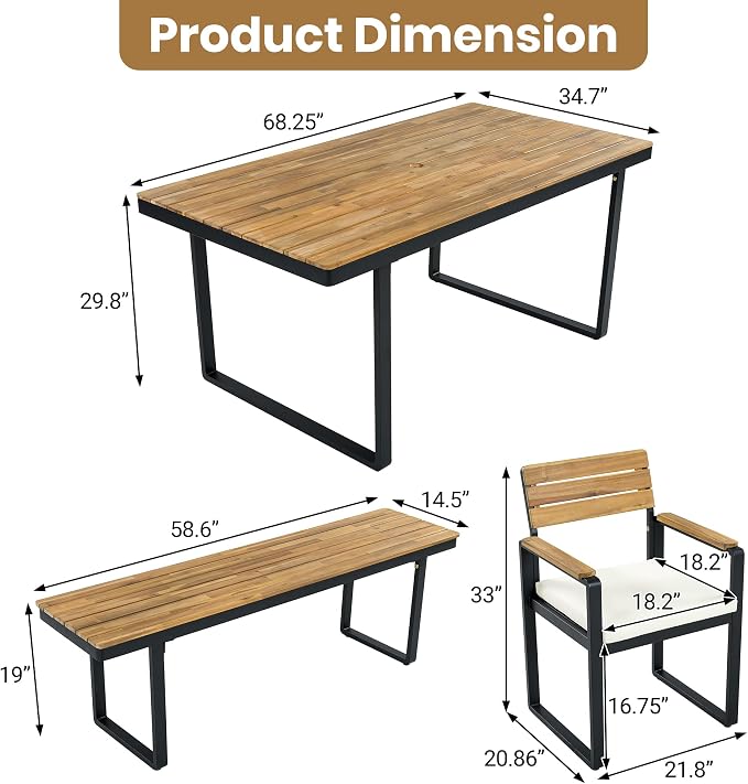Quarte 6-Piece Outdoor Dining Set with 1 Acacia Wood Table and 4 Chairs & 1 Bench, Adjustable Feet for Patio, Garden, Backyard Family Meals BBQ Parties (Beige-AA)