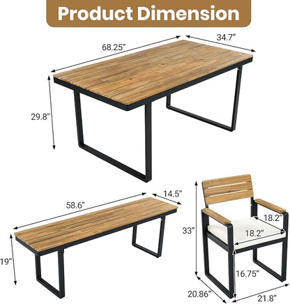 Quarte 6-Piece Outdoor Dining Set with 1 Acacia Wood Table and 4 Chairs & 1 Bench, Adjustable Feet for Patio, Garden, Backyard Family Meals BBQ Parties (Beige-AA)