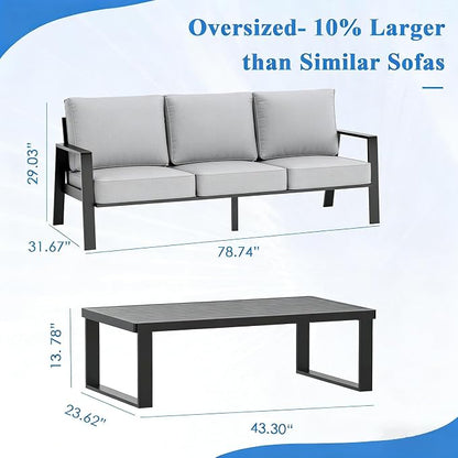 Outdoor Couch 3-Seat All-Weather Metal Outdoor Sofa Wite Outdoor Coffee Table (Black/Light Grey, 3-Seat Sofa+ Coffee Table)