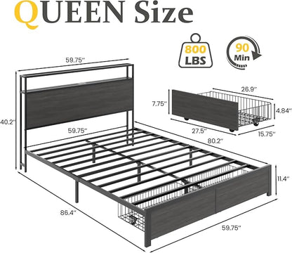 Lifezone Queen Bed Frame with 2-Tier Storage Headboard, Bedroom Metal Bed Frame with 2 Storage Drawers & Fast-Charging Station & LED, Noise-Free, No Box Spring Needed, Easy Assembly, Rustic Grey
