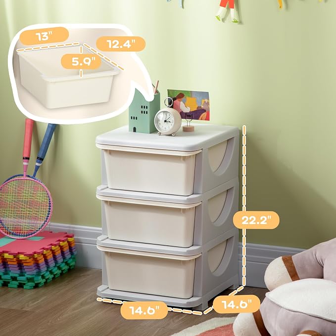 Qaba 3 Drawers Kids Storage Unit, 3 Tier Stackable Toy Organizers and Storage Chest for Bedroom, Nursery, Playroom, Living Room, Boys, Girls, Toddlers, Cream White