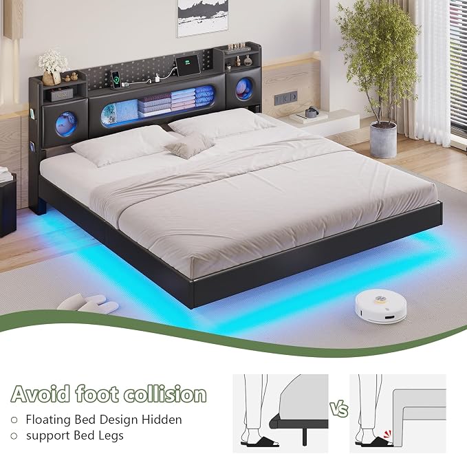 Dnxao Floating Bed Frame King with Storage Headboard & LED Lights, PU Black | Charging Station & Open Shelves, Hidden Storage PU Upholstered Headboard, No Box Spring Needed, Noise-Free, Easy Assembly