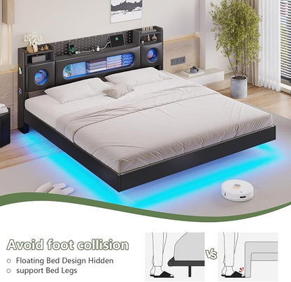 Dnxao Floating Bed Frame King with Storage Headboard & LED Lights, PU Black | Charging Station & Open Shelves, Hidden Storage PU Upholstered Headboard, No Box Spring Needed, Noise-Free, Easy Assembly