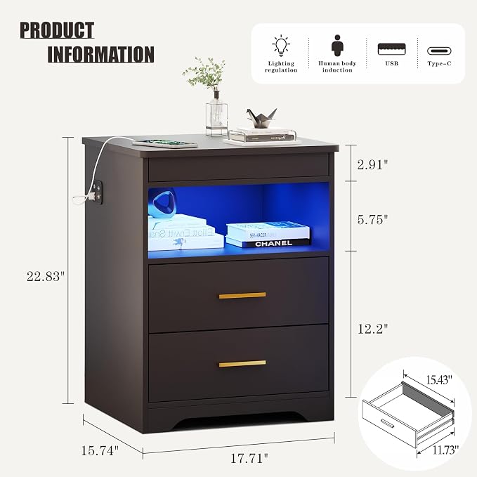 Nightstand Set of 2, Charging Bedside Table with USB & Type-C Port, LED Nightstand with Human Sensor Light, Modern End Table with Gun Drawers for Bedroom Office, Black