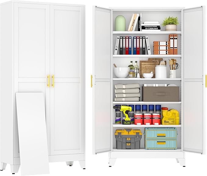 75" White Tall Metal Storage Cabinet with 2 Doors and 5 Adjustable Shelves,Steel Garage Tool Cabinet, File Cabinet,Kitchen Pantry Cabinet for Home,Office,Garage,School,Warehouse