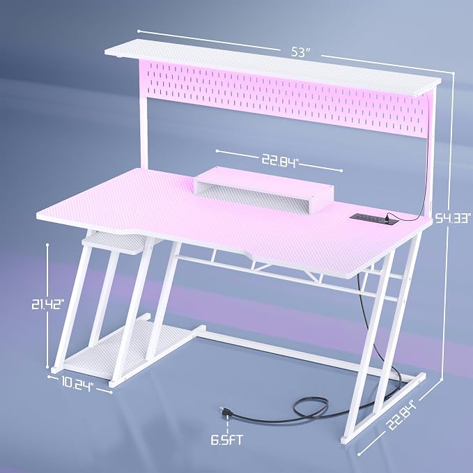 Armocity 53'' White Gaming Desk with Hutch and LED Lights, Gaming Computer Desk with Storage Shelves & Z-Shaped Legs, Reversible PC Game Desk with Pegboard for Bedroom, Carbon Fiber Surface