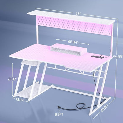 Armocity 53'' White Gaming Desk with Hutch and LED Lights, Gaming Computer Desk with Storage Shelves & Z-Shaped Legs, Reversible PC Game Desk with Pegboard for Bedroom, Carbon Fiber Surface