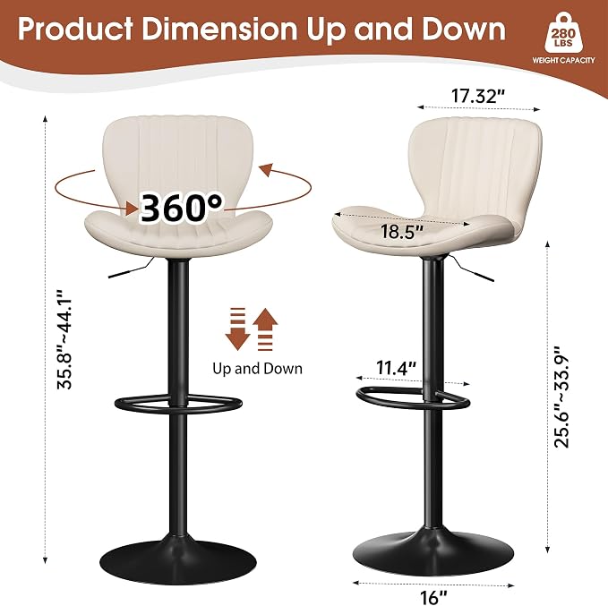 JAMFLY Bar Stools Set of 6, Leather Adjustable Barstools Counter Height Modern Bar Stools, Island Chairs Set of 4 for Kitchen, Beige