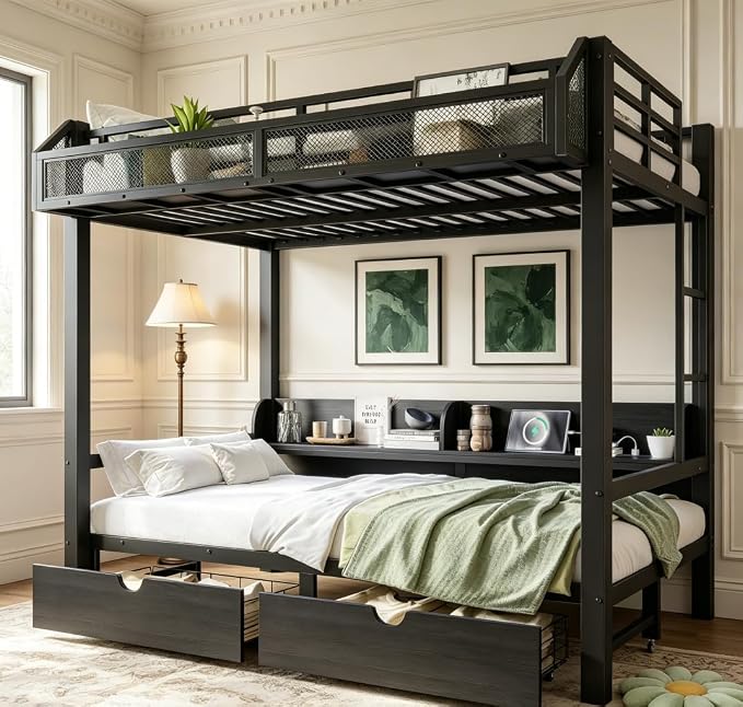 Bellemave Bunk Bed Twin Over Twin, Metal Bunk beds with Storage Shelves and Drawers USB Ports and LED Lights, Lower Bed that can be Converted into a Sofa, Black