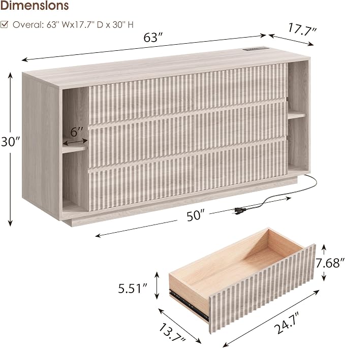 Whalefall 63 Inch Fluted 6 Drawers Dresser with Shelves, White Alder | Large Chest of Drawers for Bedroom, Mid Century Modern, Wood Closet Storage Organizer, Pedestal TV Stand for Living Room