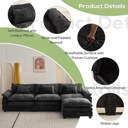 Oprisen 120" Modular Sectional Sofa, Comfy Cloud Couch Sectional Sofa with Ottoman, Chenille Sofa Sleeper Deep Seat Sofa with Throw Pillows for Living Room (Black, 120"- L Shape)