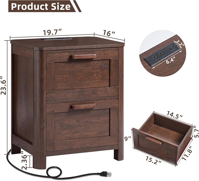 Joaxswe Farmhouse Nightstand Set of 2 with Charging Station, End Tables Bedroom with 2 Large Drawers & 4 Thickened Table Legs, Walnut