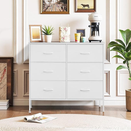 6-Drawer Dresser for Bedroom, Anti-Tip Wide Storage Organizer Chest of Drawers with Wooden Top and Metal Frame Fabric Bins for Closet, Living Room, Hallway, Entryway, White