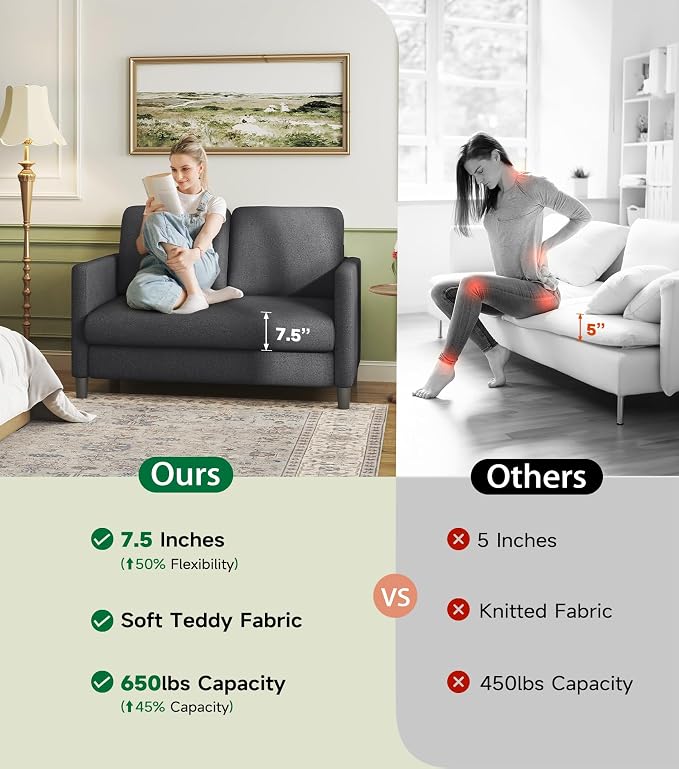 Welzona Loveseat, 51" Small Couch, Comfy Teddy Love Seat for Living Room, Tool-Free Setup Loveseat Sofa for Small Spaces, All-Wood Small Sofa Couch for Bedroom, Grey