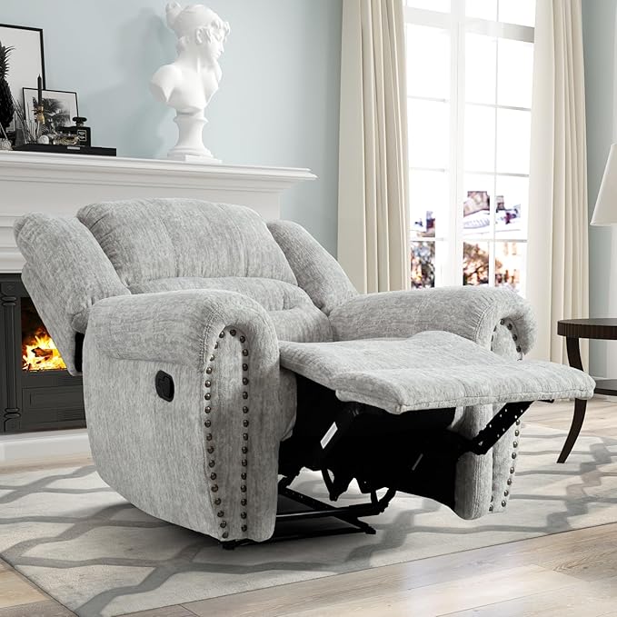 CANMOV Manual Recliner Chair, Classic and Traditional Manual Recliner Chair with Comfortable Arms and Back Single Sofa for Living Room, White Grey
