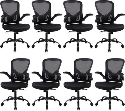 Flysky Mesh Office Chair, Ergonomic Computer Desk Chairs for Home Office - with Comfy/Comfortable Flip-up Arm Rests, Lumbar Support, Height Adjustable, 360 Degree Rolling Swivel (Black, 8 Pack)