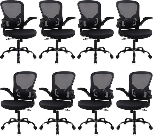 Flysky Mesh Office Chair, Ergonomic Computer Desk Chairs for Home Office - with Comfy/Comfortable Flip-up Arm Rests, Lumbar Support, Height Adjustable, 360 Degree Rolling Swivel (Black, 8 Pack)
