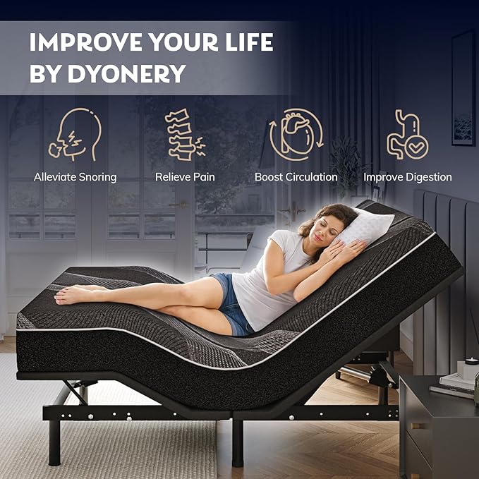 Dyonery Queen Adjustable Bed Base Frame with Wireless Remote + 12 Inch Queen Gel Memory Foam Mattress Bed in a Box, Head and Foot Incline, Zero Gravity, Fiberglass Free, 80" × 60"